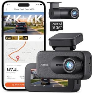 70mai A900 Doppia Dash Cam Auto 4K+4K, Anteriore e Posteriore con HDR | 4G LTE, Visione Notturna, Pre-Registrazione Emergenza, Supercondensatore, Parcheggio 24H, Wi-Fi 6 5GHz, GPS, Controllo App