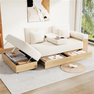 Lekvvied Divano angolare per soggiorno con contenitore, Schienale regolabile, Trasformabile in letto, Divano modulare con pouf contenitore e cassetti, Divano in tessuto con portabicchieri, Beige
