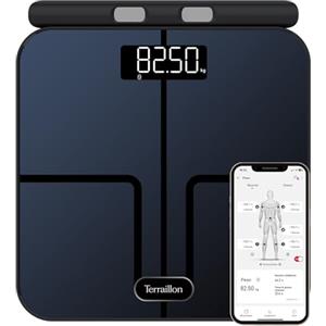 TERRAILLON - MASTER COACH EXPERT - Bilancia connessa Wi-Fi, 8 elettrodi invisibili, analisi della massa grassa, muscolare, idrica, ossea e viscerale, BMI, capacità 180 kg, piatto in vetro, blu