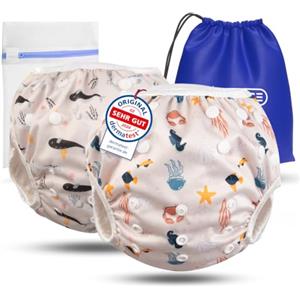 KIDVERSE set da 2 pannolini acquatici baby 0-3 anni - pannolino piscina neonato riutilizzabile e delicato sulla pelle - pannolini da nuoto con borsa e rete per lavaggio
