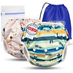 KIDVERSE set da 2 pannolini acquatici baby 0-3 anni - pannolino piscina neonato riutilizzabile e delicato sulla pelle - pannolini da nuoto con borsa e rete per lavaggio
