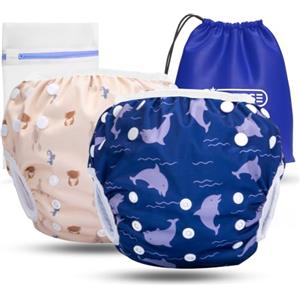 KIDVERSE set da 2 pannolini acquatici baby 0-3 anni - pannolino piscina neonato riutilizzabile e delicato sulla pelle - pannolini da nuoto con borsa e rete per lavaggio