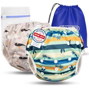 KIDVERSE set da 2 pannolini acquatici baby 0-3 anni - pannolino piscina neonato riutilizzabile e delicato sulla pelle - pannolini da nuoto con borsa e rete per lavaggio