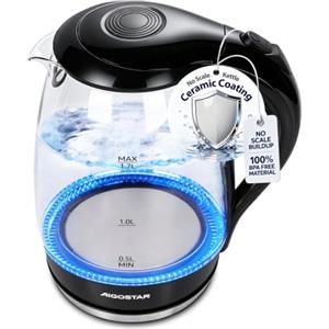 Aigostar Bollitore Elettrico Vetro, Rivestimento in Ceramica Anticalcare | 1,7 Litri, 2200W, Senza BPA, illuminazione a LED, Filtro Anticalcare, Spegnimento Auto Bollitore Acqua Elettrico, Nero