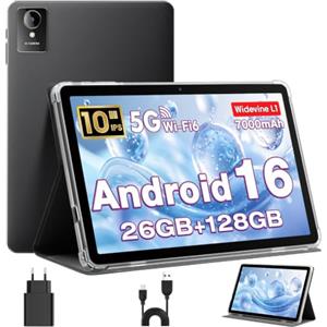 MENTUME Tablet 10 Pollici, Tablet Android 16 con Custodia, CPU Unisoc T606, 26 GB RAM + 128 GB ROM + 1 TB TF, Display HD IPS 1280x800, Batteria 7000 mAh, Fotocamera Doppia, WiFi 6, BT 5.0, Widevine L1 (K50)