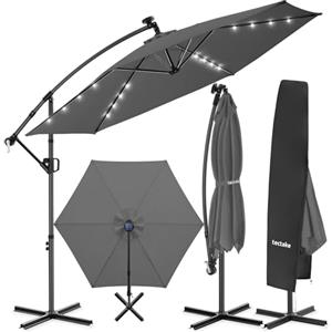 tectake® Ombrellone da Giardino 3x3 m, Ombrellone a Braccio Girevole 360° con Strisce Led a Energia Solare, Protezione UV 50+, Idrorepellente, Inclinabile, Base in Acciaio a Croce, Manovella