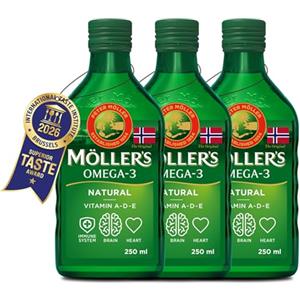 MÖLLER'S Moller's ® | Olio di fegato di merluzzo Omega 3 | Integratori alimentari di omega-3 con EPA, DHA, vitamine A, D ed E | Superior Taste Award | Marchio esistente da 166 anni | Neutro | 250 ml x 3