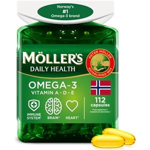 MÖLLER'S Moller's ® | Capsule di Omega-3 | Olio di pesce | Integratore dietetico Omega-3 nordico con EPA, DHA, Vitamine A, D ed E | 166 anni di esperienza del marchio | Salute quotidiana | 112 capsule