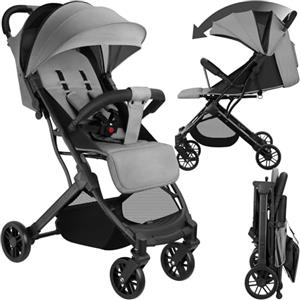 tectake® Passeggino Pieghevole, Passeggino Leggero con Cintura a 5 Punti Regolabile, Freno a Pedale, Tettuccio Pieghevole con Finestra, Protezione Raggi UV, Passeggino Bambini da 0 a 3 Anni - Grigio