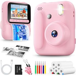 Naxup Macchina Fotografica Bambini Istantanea,Fotocamera Istantanea 1080P con 5 Rotoli di Carta da Stampa,Scheda da 32GB e Penne Colorate,Fotocamera Digitale Portatile per Bambini dai 3-14 Anni (Rosa)