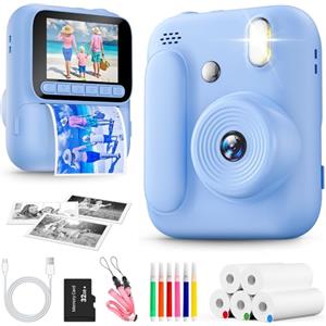 Naxup Macchina Fotografica Bambini Istantanea,Fotocamera Istantanea 1080P con 5 Rotoli di Carta da Stampa,Scheda da 32GB e Penne Colorate,Fotocamera Digitale Portatile per Bambini dai 3-14 Anni (Blu)