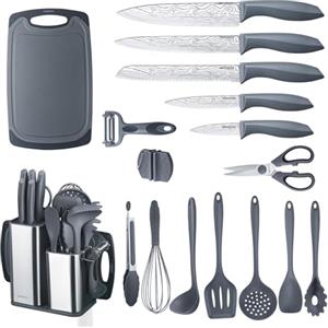 RAXCO Set di coltelli da cucina con blocco, 18 pezzi di utensili da cucina con 5 coltelli e 7 spatole in silicone (Grigio)