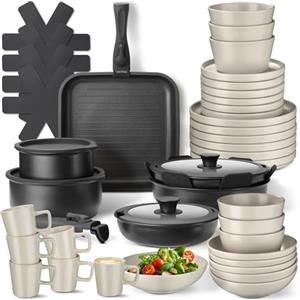 tectake® Set cucina 47 pezzi x 6 persone, stoviglie e pentole, 24 pcs tra piatti ciotole tazze, x microonde e lavastoviglie, 17 pcs tra padelle, grill coperchi pentole manici removibili - Nero/Tortora