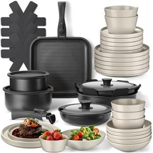 tectake® Set cucina 41 pezzi x 6 persone, stoviglie e pentole, 24 pcs tra piatti e ciotole, x microonde e lavastoviglie, 17 pcs tra padelle, grill, coperchi pentole manici removibili - Nero/Tortora