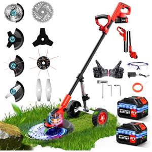 denqir Decespugliatore a Batteria, Tagliabordi a Batteria 30 cm con Motore Anteriore Brushless, 2 x 3000mAh, 20000 Giri/min, 4 Lame, Asta Regolabile, per Prato, Erba Alta, Bordi e Giardino