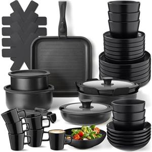 tectake® Set cucina 47 pezzi per 6 persone, stoviglie e pentole, 24 pcs tra piatti, ciotole, e tazze, x microonde e lavastoviglie, 17 pcs tra padelle, grill, coperchi pentole, manici removibili - Nero