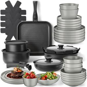 tectake® Set cucina 41 pezzi per 6 persone, stoviglie e pentole, 24 pcs tra piatti e ciotole, x microonde e lavastoviglie, 17 pcs tra padelle grill coperchi pentole manici removibili - Grigio/Nero