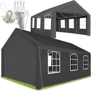 tectake® Gazebo da Giardino 6 x 4 m, Tendone Impermeabile, Protezione UV50+ | 4 pareti laterali, 6 Finestre, Fissaggio a Scatto, Corde e Picchetti, Padiglione per Feste, Telone Antistrappo, Grigio