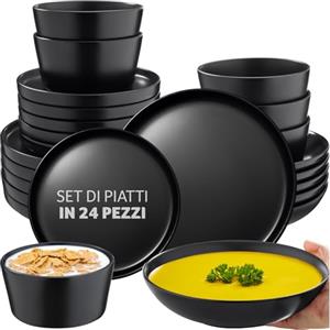 tectake® Set stoviglie 24 pezzi terracotta, servizio piatti 6 persone, set piatti moderni grandi, piccoli, fondi, ciotole, gres smaltato, design moderno, adatto lavastoviglie microonde - Nero