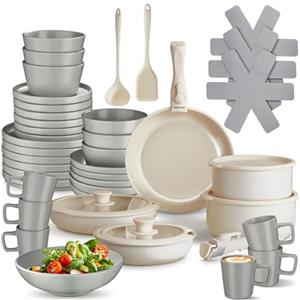 tectake® Set cucina per 6 persone 46 pcs, stoviglie e pentole, 30 pcs piatti ciotole e tazze, adatte a microonde, 11 pcs padelle, coperchi pentole manici removibili, spatola, mestolo - Grigio/Bianco