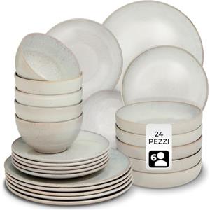 tectake® Set stoviglie 24 pezzi terracotta, servizio piatti 6 persone, set piatti moderni grandi, piccoli, fondi, ciotole, gres smaltato, design moderno, adatto lavastoviglie microonde - Sabbia