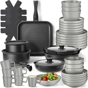 tectake® Set cucina 47 pezzi x 6 persone, stoviglie e pentole, 24 pcs tra piatti ciotole tazze, x microonde e lavastoviglie, 17 pcs tra padelle, grill coperchi pentole manici removibili - Grigio/Nero