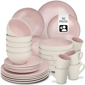 tectake® Set stoviglie 30 pezzi terracotta, servizio piatti 6 persone, set piatti moderni grandi, piccoli, fondi, ciotole, tazze, gres smaltato, design moderno, lavastoviglie microonde - Rosa