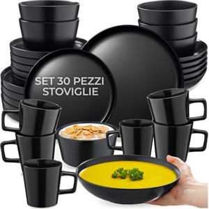 tectake® Set stoviglie 30 pezzi terracotta, servizio piatti 6 persone, set piatti moderni grandi, piccoli, fondi, ciotole, tazze, gres smaltato, design moderno, adatto lavastoviglie microonde - Nero