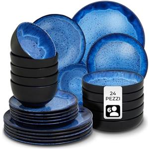 tectake® Set stoviglie 24 pezzi terracotta, servizio piatti 6 persone, set piatti moderni grandi, piccoli, fondi, ciotole, gres smaltato, design moderno, adatto lavastoviglie microonde - Blu