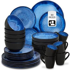 tectake® Set stoviglie 30 pezzi terracotta, servizio piatti 6 persone, set piatti moderni grandi, piccoli, fondi, ciotole, tazze, gres smaltato, design moderno, lavastoviglie microonde - Blu
