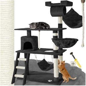 tectake® Tiragraffi per Gatti, Multifunzionale, Tiragraffi Gatto con Amaca, Albero per Gatti con Piattaforme Elevate e Colonne in Sisal, Albero Gatti Ideale per Gioco e Relax - Nero
