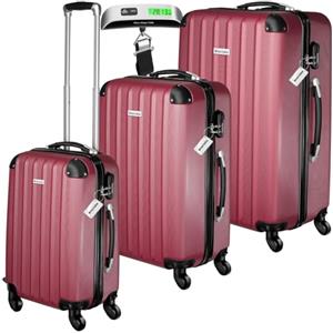 tectake® Set 3 Valigie, Rotelle Girevoli, Trolley Rigidi in ABS, Maniglie Telescopiche, Lucchetti a Combinazione, Set Viaggio con Bilancia ed Etichette per Bagagli - Rosso Vino