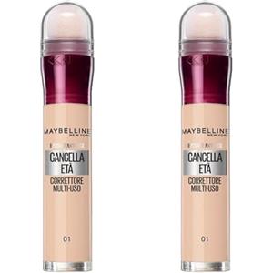 Maybelline New York Correttore Multi-Uso, Idratante e con Coprenza Modulabile, Imperfezioni della pelle e Occhiaie Coperte, Con Bacche di Goji e Haloxyl, Cancella Età, Tonalità: 01 Light, Bipacco