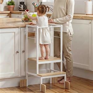 COSYLAND Torre Educativa Bambini, 18 mesi-6 anni, L, Bianco Naturale | Piattaforma regolabile che cresce con il bambino, gradini antiscivolo, adatta da 18 mesi-6 anni