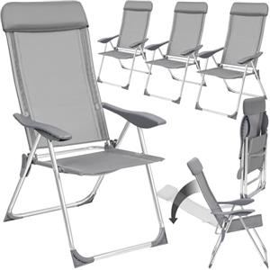 tectake® Set 4 Sedie da Giardino Pieghevoli con Braccioli, Tessuto a Rete per Ventilazione Ottimale, Schienale Regolabile in 5 Posizioni, Comodo Poggiatesta Imbottito - Grigio