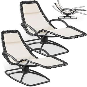 tectake® Set da 2 lettino prendisole ergonomico da giardino, sedia a sdraio reclinabile, poltrona a dondolo da esterno, lettino relax con poggiatesta, textilene traspirante, terrazzo, balcone -Beige