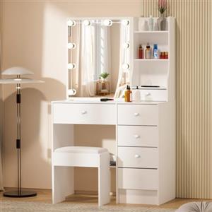 Saimeihome - Toeletta per trucco per camera da letto dei bambini, bianco, tavolo per trucco 80x36x130cm con illuminazione LED, sgabello, 5 cassetti e pratico specchio scorrevole