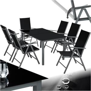 tectake® Set Mobili da Giardino in Alluminio, 6 Sedie Pieghevoli e Reclinabili, Tavolo 150x90 cm con Piano in Vetro di Sicurezza, Set Mobili da Esterno, Design Elegante - Grigio Scuro