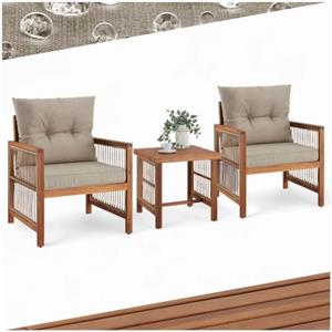 tectake® Set salottino da esterno, 2 poltrona relax e tavolino da balcone in legno acacia, intreccio corda polyrattan, cuscini sfoderabili, arredo giardino moderno, salotto balcone Sedie da Giardino