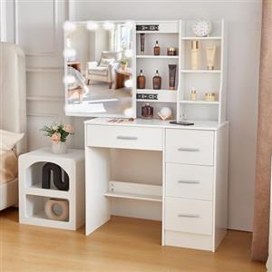 Saimeihome Toeletta trucco con Luci e Specchio, Toeletta Bianca con 4 Cassetti e Ripiani, Luci Regolabili, Make-up Vanity per camera da letto, 80 x 36 x 130 cm