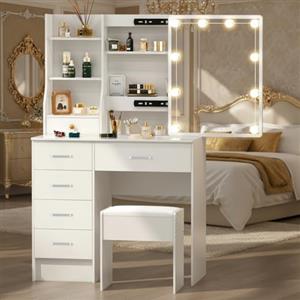 Saimeihome Set da toeletta con illuminazione e sgabello, 6 cassetti e 6 ripiani, 80 x 36 x 130 cm, tavolo cosmetico con specchio scorrevole, 3 colori di luce, per camera da letto