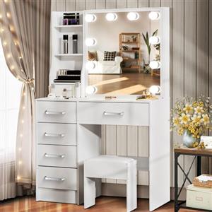 Saimeihome Toeletta trucco con Luci e Sgabello, 10 Luci LED Regolabile a 3 colori, Toeletta bianca con Specchio e 6 Cassetti + 6 Ripiani aperti, Moderno per Camera da Letto 80x36x130cm
