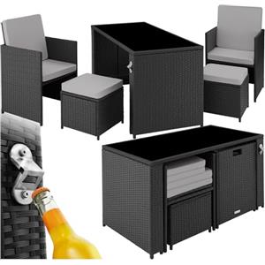 tectake® Salottino in Rattan Palermo, Set Sedie con Cuscini, Tavolino Salotto con Lastra in Vetro, Design Funzionale, Imbottitura Idrorepellente, Resistente ai Raggi UV - Nero/Grigio