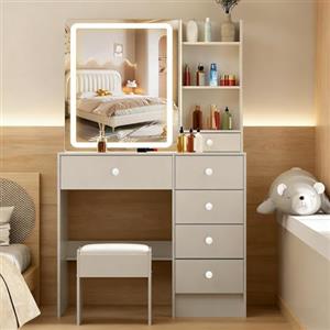 Saimeihome Toeletta da Trucco con Luci e Sgabello, Specchio Scorrevole, Luci Regolabili a 3 Colori, Tavolo da Toeletta con 6 Cassetti e 6 Ripiani, 80x36x130cm per la Camera da Letto