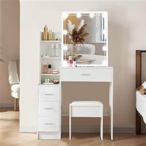 Vanrste Toeletta Trucco con illuminazione, Specchio e Sgabello, Tavolo da Trucco con 4 Cassetti e 6 Ripiani, Mobile Vanity Moderno per Camera da Letto, 83 x 36 x 140 cm