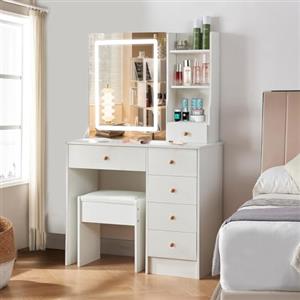 Vanrste Toeletta Trucco con Luci e Sgabello, Toeletta Bianca con Specchio Luminosità Regolabile, vanità da trucco con 6 Cassetti e 6 Ripiani, 80 x 36 x 130 cm per camera da letto