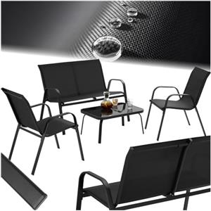 tectake® Set di Sedute da Giardino 4 Persone, Textilene Idrorepellente | Tessuto Traspirante, Telai Verniciati, Piano in Vetro, Piedini Antiscivolo, Portata 240 kg, Montaggio Semplice, Nero