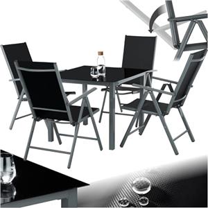 tectake® Set Tavolo da Esterno con Sedie, Telaio in Alluminio, 1 Tavolo da Giardino Piano in Vetro, 4 Sedie Pieghevoli, Schienale Reclinabile 8 Posizioni, Set Resistente alle Intemperie - Grigio Scuro