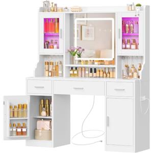 TEENFON Toeletta Trucco con Luci LED e RGB, Luminosità Regolabile, 3 Cassetti, 4 Ante, 10 Ganci per Gioielli e Presa di Corrente - Postazione Trucco Moderna per Camera da Letto, Bianco