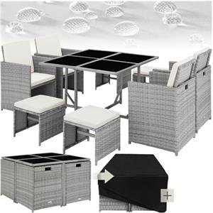 tectake® Set di Mobili in Rattan Bilbao, 4 Sedie e 4 Sgabelli con Tavolo, Struttura in Acciaio e Poly Rattan Resistente, Ideale per Giardino e Terrazzo, Mobili da Esterno - Grigio Chiaro
